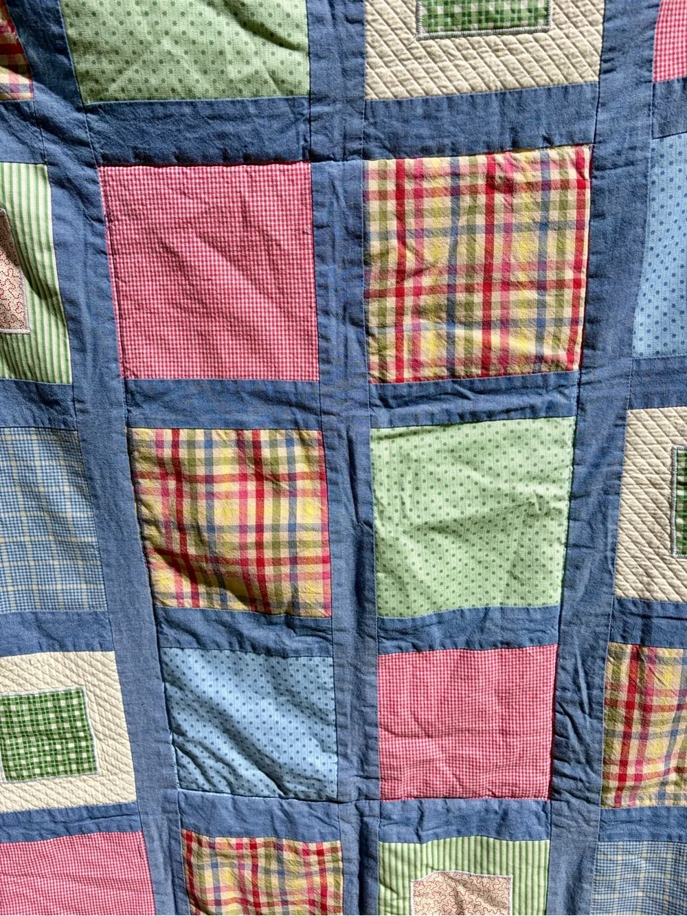 Vintage Sumersault Patchwork Baby Quilt 34x42 - Plaid Gingham Crib Nursery Quilt